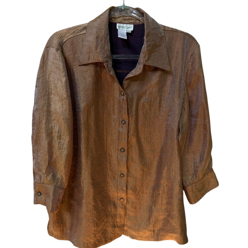 Coldwater Creek Blouse Womens 1X Gold Bronze Shimmer Button Front Rayon Shirt